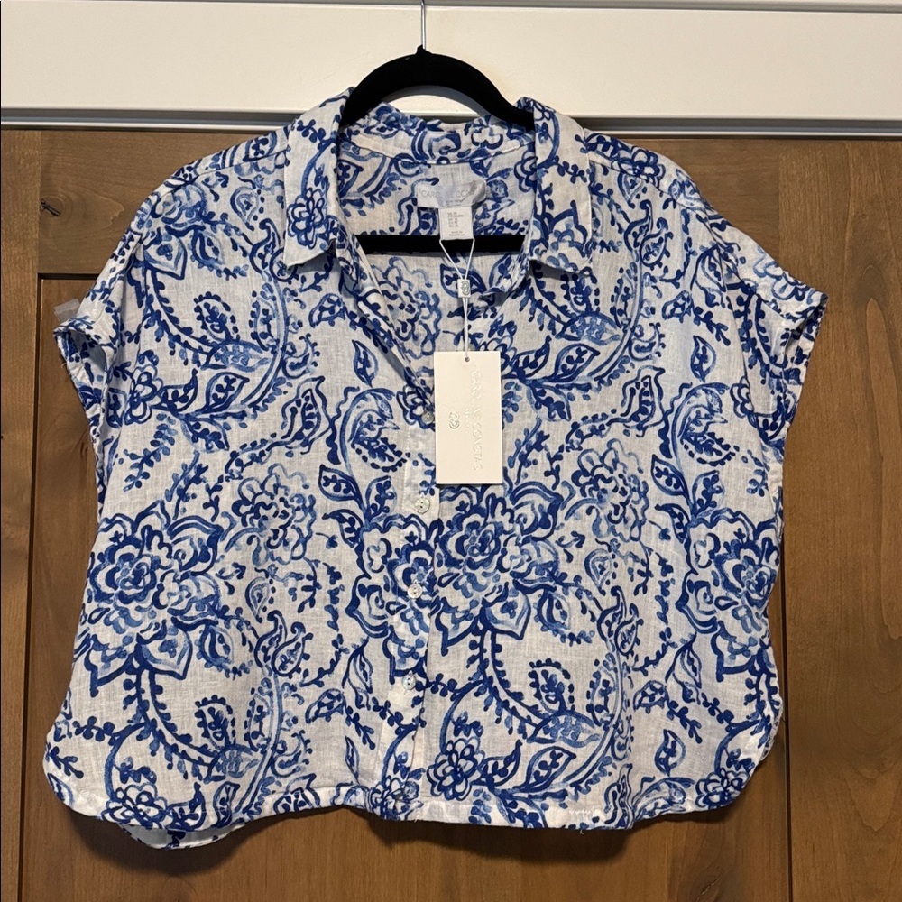 NWT Caroline Constas Linen blend Floral Cropped  Blouse Top Womens XL beach